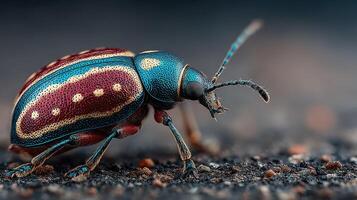 Colorful beetle crawling on textured surface in natural habitat captured during daylight hours photo