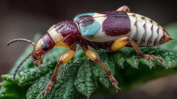 Colorful beetle resting on a green leaf in the sunlight during a warm afternoon in a forest setting photo