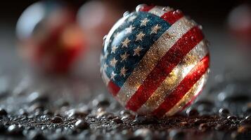 Colorful marble with American flag design resting on textured surface with droplets reflecting light photo