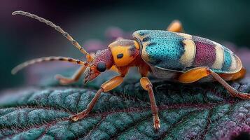 Colorful beetle with intricate patterns rests on a green leaf in a vibrant setting during daylight photo