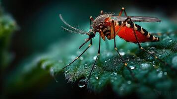 Close-up view of a mosquito resting on a leaf with droplets of water in a lush environment photo