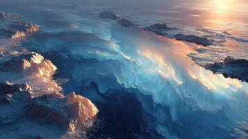 Majestic ocean waves reflect sunset hues over a tranquil sea in a coastal landscape during golden hour photo