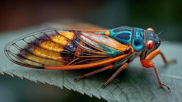 Vibrant cicada perched on a green leaf during midday in a lush forest environment photo