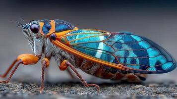 Vibrant cicada perched on a surface showcasing intricate details of its blue and orange wings in natural light photo