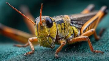 Close-up of a colorful grasshopper perched on green fabric in natural light photo