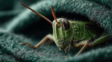 Close-up view of a green grasshopper resting on dark fabric in a natural setting during the day photo