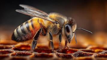 Close-up of a bee collecting nectar on a honeycomb in a natural setting with warm lighting during the day photo