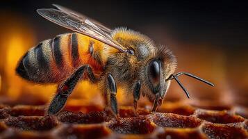Close view of a honey bee working on honeycomb during golden hour light photo