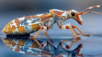 Colorful insect with intricate patterns walking along a reflective surface in a natural environment during daytime photo