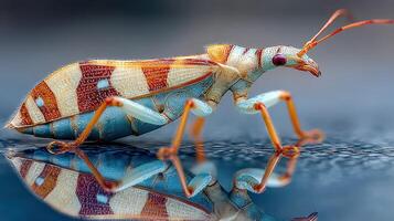 Colorful insect with intricate patterns walks on a reflective surface in a natural setting during daylight hours photo
