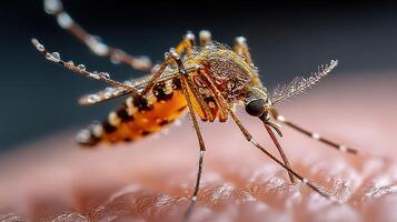 Close-up view of a mosquito feeding on human skin at dusk in a humid environment photo