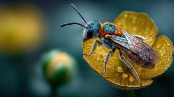 Close-up view of a bee resting on a yellow flower in nature during early morning light photo