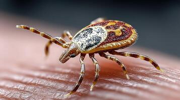 Close-up view of a tick crawling on human skin during summer in a natural outdoor setting photo