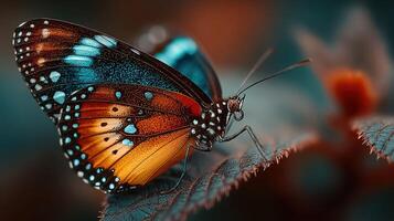 Colorful butterfly perched on a leaf during a sunny afternoon in a tranquil garden setting photo
