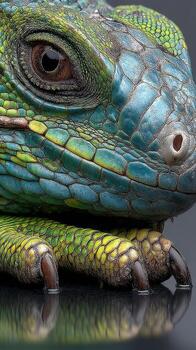 Close-up view of a vibrant blue and green lizard showcasing intricate scales and sharp claws in a natural habitat photo