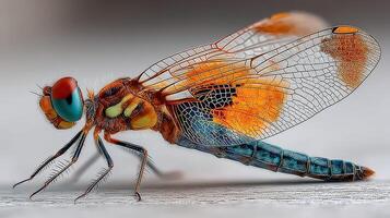 Detailed view of a vibrant dragonfly resting on a surface in natural light photo