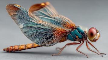 Close-up view of an intricate and colorful dragonfly showcasing detailed wings and body structure in natural light photo