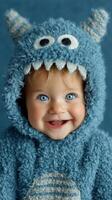 Cute baby wearing a blue monster hoodie smiles brightly against a solid background during a playful indoor moment photo