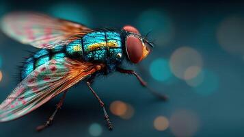 Colorful fly with iridescent wings resting on a surface in macro view during soft lighting photo