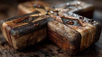 Historic wooden cross with intricate design and water droplets on a weathered table photo