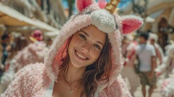 Smiling woman in unicorn costume at a lively outdoor event during sunny daytime photo