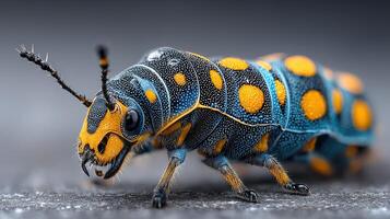 Colorful caterpillar with blue and orange patterns crawling on a surface in a detailed close-up view photo