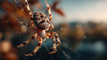 Close-up of a spider weaving its intricate web in nature during golden hour light photo