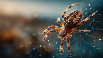 Spider weaving intricate web with droplets of water in a serene natural setting at dawn photo