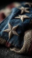Detailed close-up of decorative embroidery on fabric showcasing intricate star patterns and colorful textures in soft lighting photo