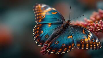 Enchanting blue butterfly resting on vibrant pink flowers in a natural setting during the afternoon light photo