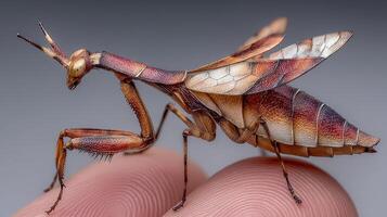 Close view of a colorful praying mantis perched on a finger in a natural setting, showcasing intricate details of its body and wings during daylight photo