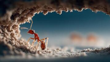 Ant emerges from nest in sandy environment during daylight photo