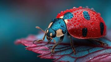 Colorful ladybug resting on a wet leaf in a lush garden during a rainy day photo