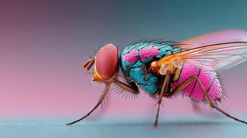 Vibrant close-up of a colorful fly highlighting its intricate features and vivid colors against a soft gradient background photo