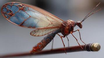 Detailed representation of a metallic insect perched on a stick showcasing intricate designs during daylight photo