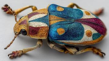 Detailed close-up of a vibrant metallic beetle showcasing intricate patterns on its shell in a studio setting photo