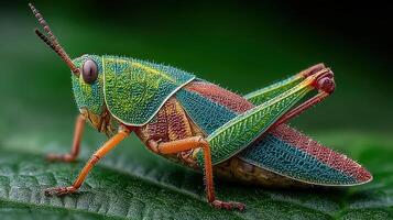 Colorful grasshopper resting on a leaf in a vibrant jungle during midday photo