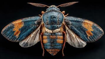 Detailed close-up of a colorful moth displaying intricate patterns and textures against a dark background photo