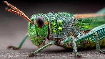 Close-up view of a vibrant green grasshopper highlighting its intricate details and natural beauty in a forest setting photo