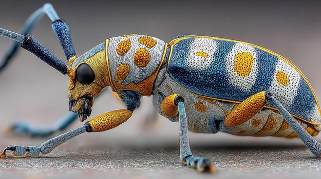 Close-up view of a vibrant insect with striking colors on a textured surface in natural light photo