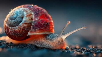 Close-up view of a vibrant shell snail on dark ground at dusk showcasing intricate texture and color patterns photo