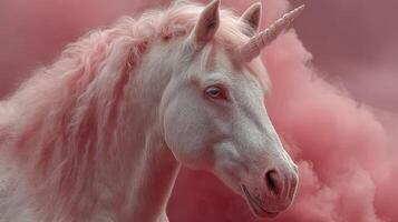 Magical unicorn surrounded by pink smoke in an enchanted forest during a whimsical twilight photo