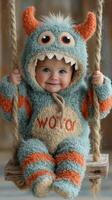 Cute baby in monster costume swings happily in a playful setting during daytime photo