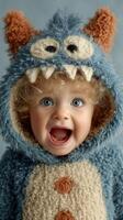 Happy child in blue furry monster costume with cheerful expression at home during the afternoon photo
