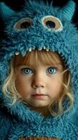 Child in a fuzzy monster costume gazes curiously with bright blue eyes in a cozy indoor setting during early evening photo