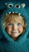 Child in a fluffy blue monster costume smiling brightly against a blue background indoors photo