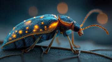 Close-up view of a glowing beetle resting on a leaf in a forest at dusk photo