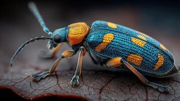 Brightly colored beetle exploring a leaf in a natural setting during daytime in an outdoor environment photo