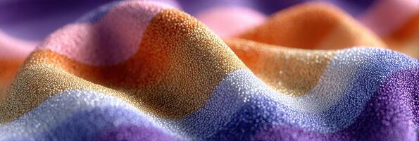 Colorful fabric waves create a vibrant texture showcasing a mix of stripes in purple, orange, and pink shades under soft lighting photo