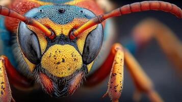 Colorful close-up of a vibrant insect showcasing intricate features and patterns in natural lighting photo